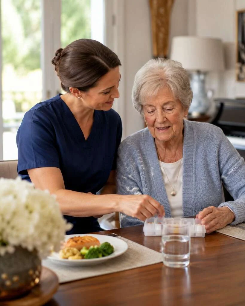 Caregiver helping a senior with a weekly pill organizer for Alzheimer's and dementia care