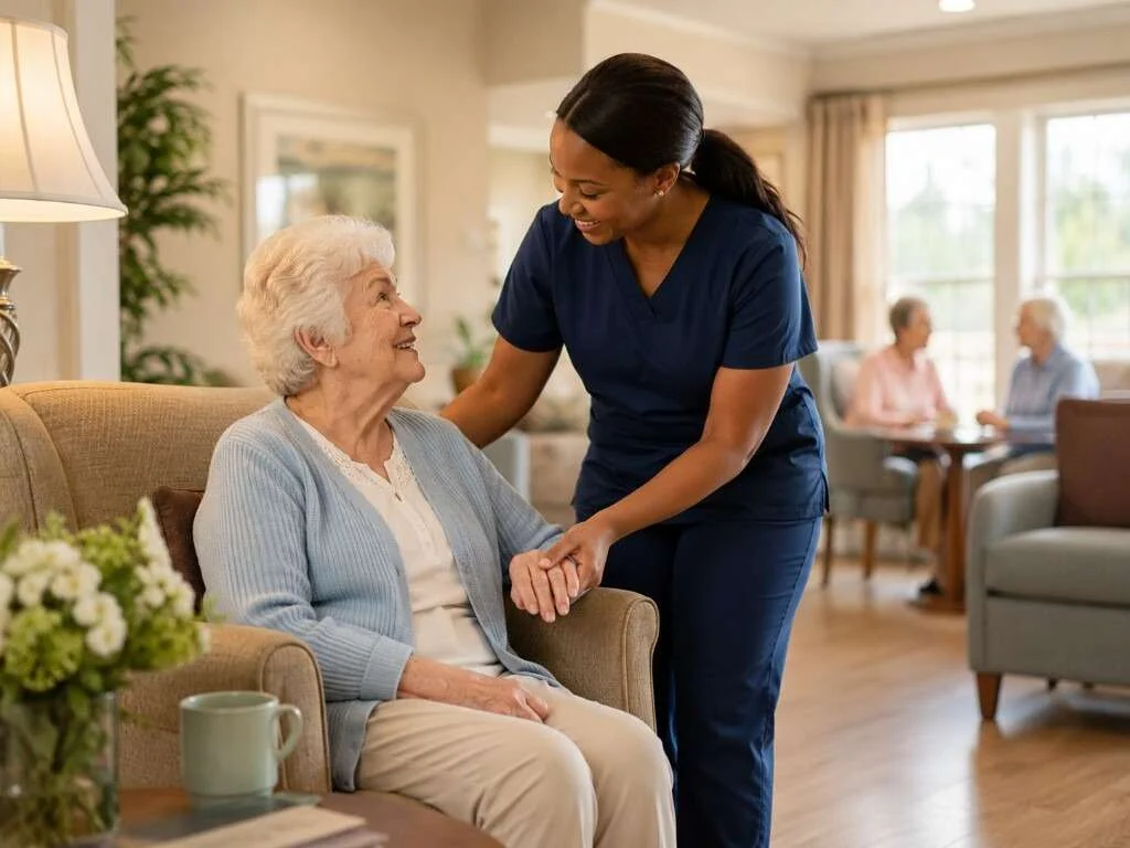 Caregiver supporting a senior resident in an assisted living common area