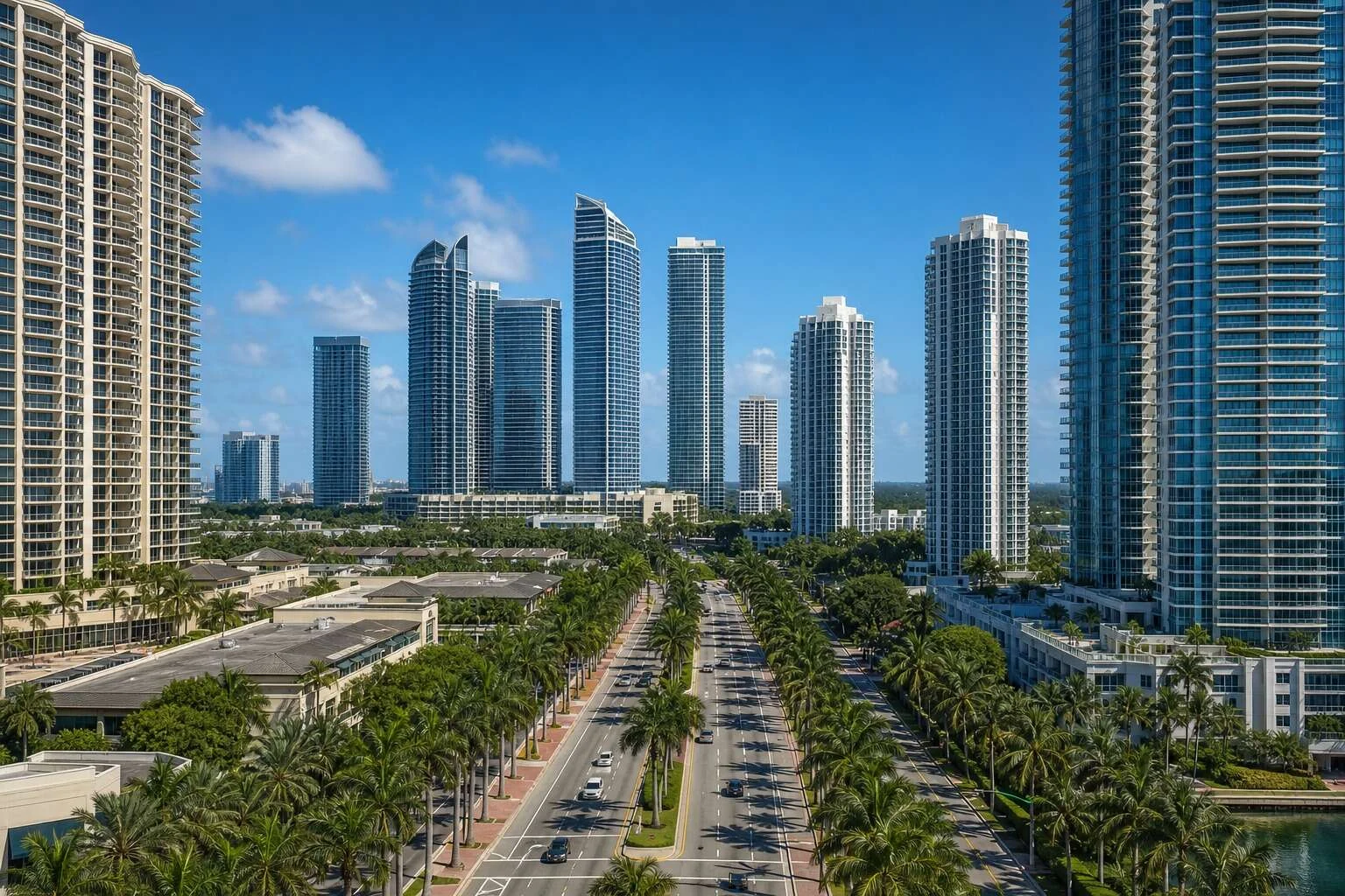 High-rise condo towers and palms in Aventura, Florida