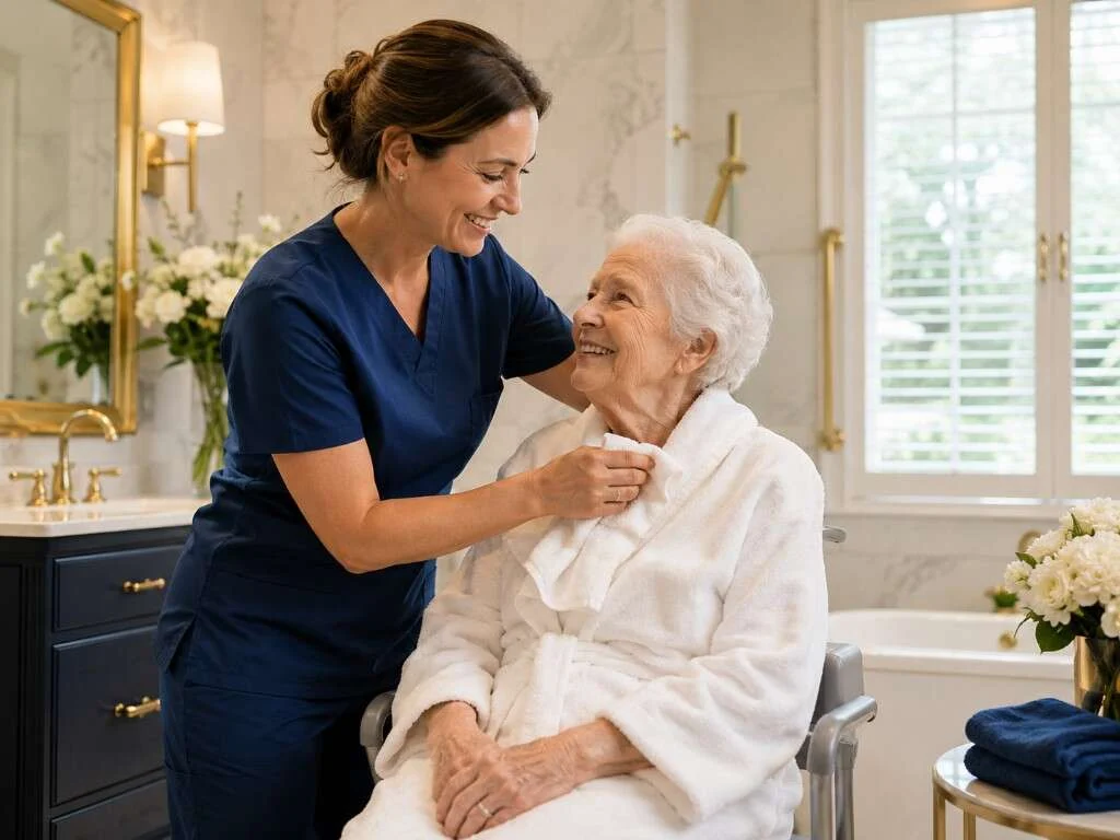 Caregiver in navy scrubs helping a senior in a bathrobe during bathing assistance