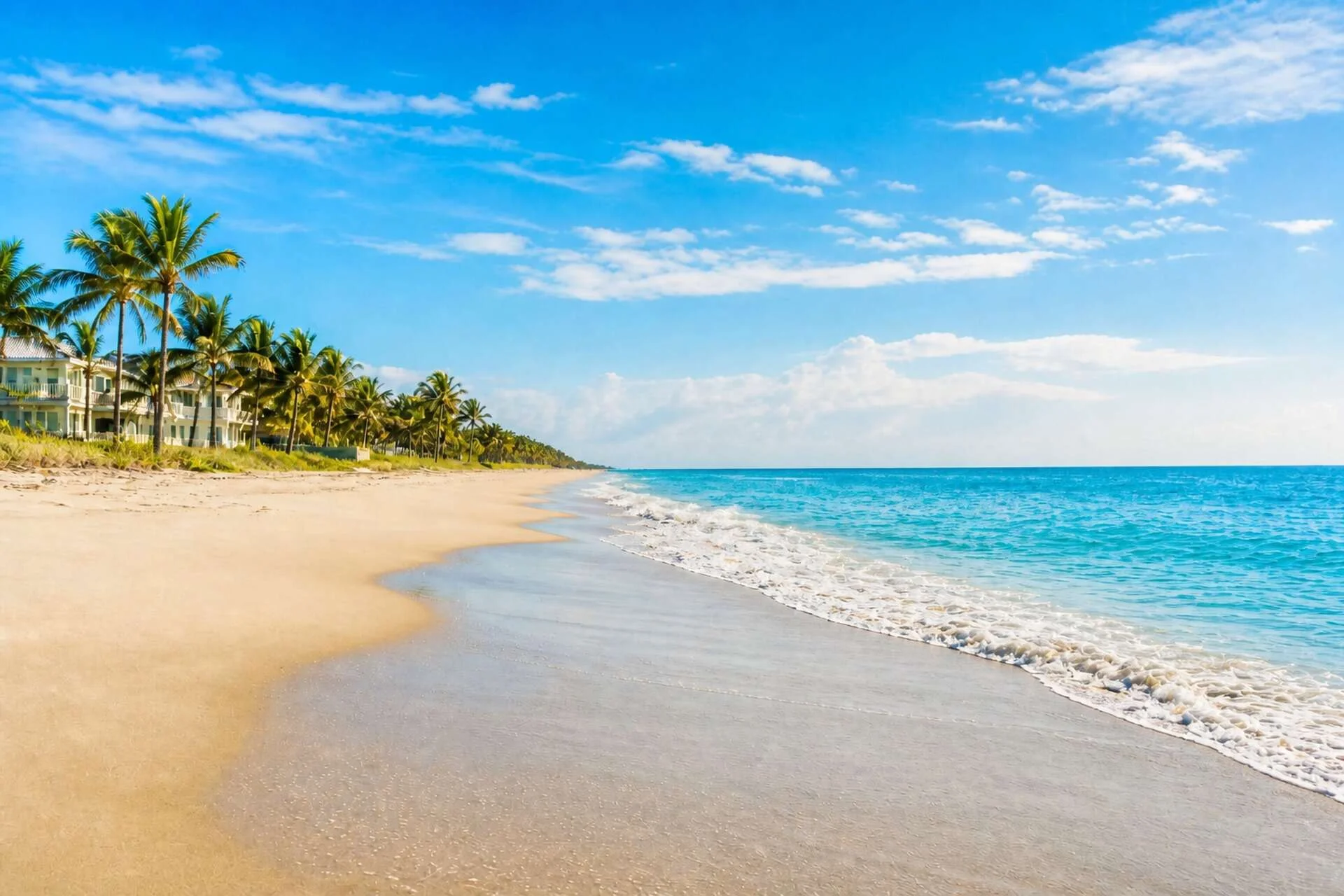 Delray Beach sandy shore and turquoise Atlantic Ocean with palm trees