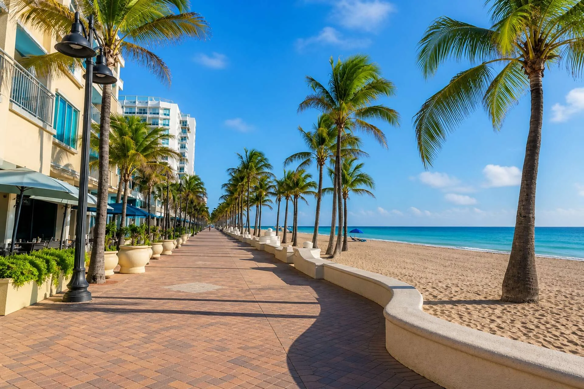 Hollywood Beach Broadwalk with palm trees and Atlantic Ocean, Florida