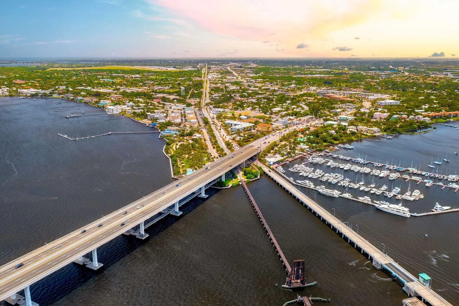 Roosevelt Bridge and Stuart waterfront in Martin County, Florida