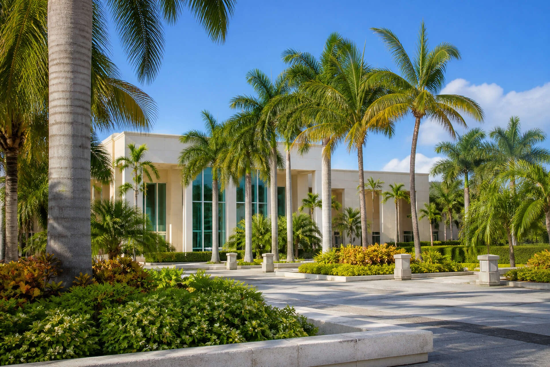 Palm Springs Florida plaza with royal palms and modern building