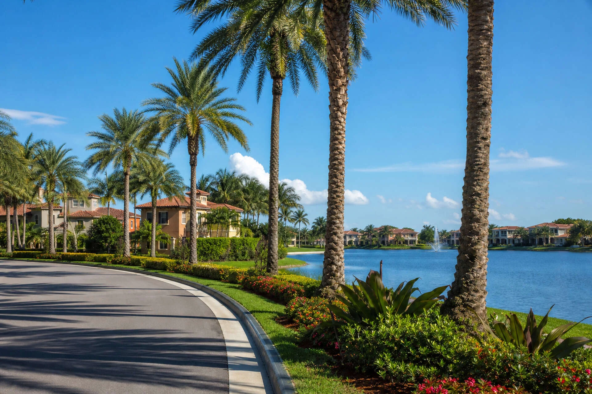 Pembroke Pines palm-lined road beside a lake with fountain and Mediterranean architecture