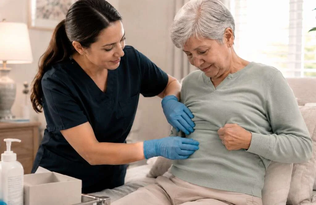 Caregiver in navy scrubs and blue gloves providing abdominal care for a senior at home