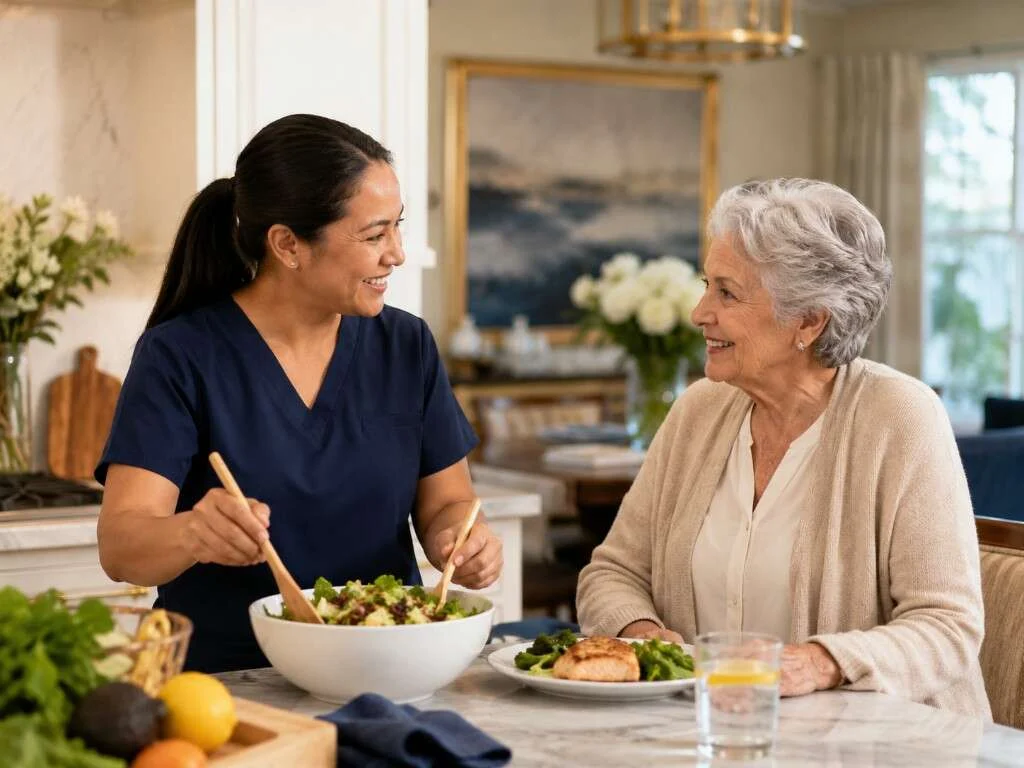Caregiver in navy scrubs preparing a fresh salad meal with a senior at the dining table