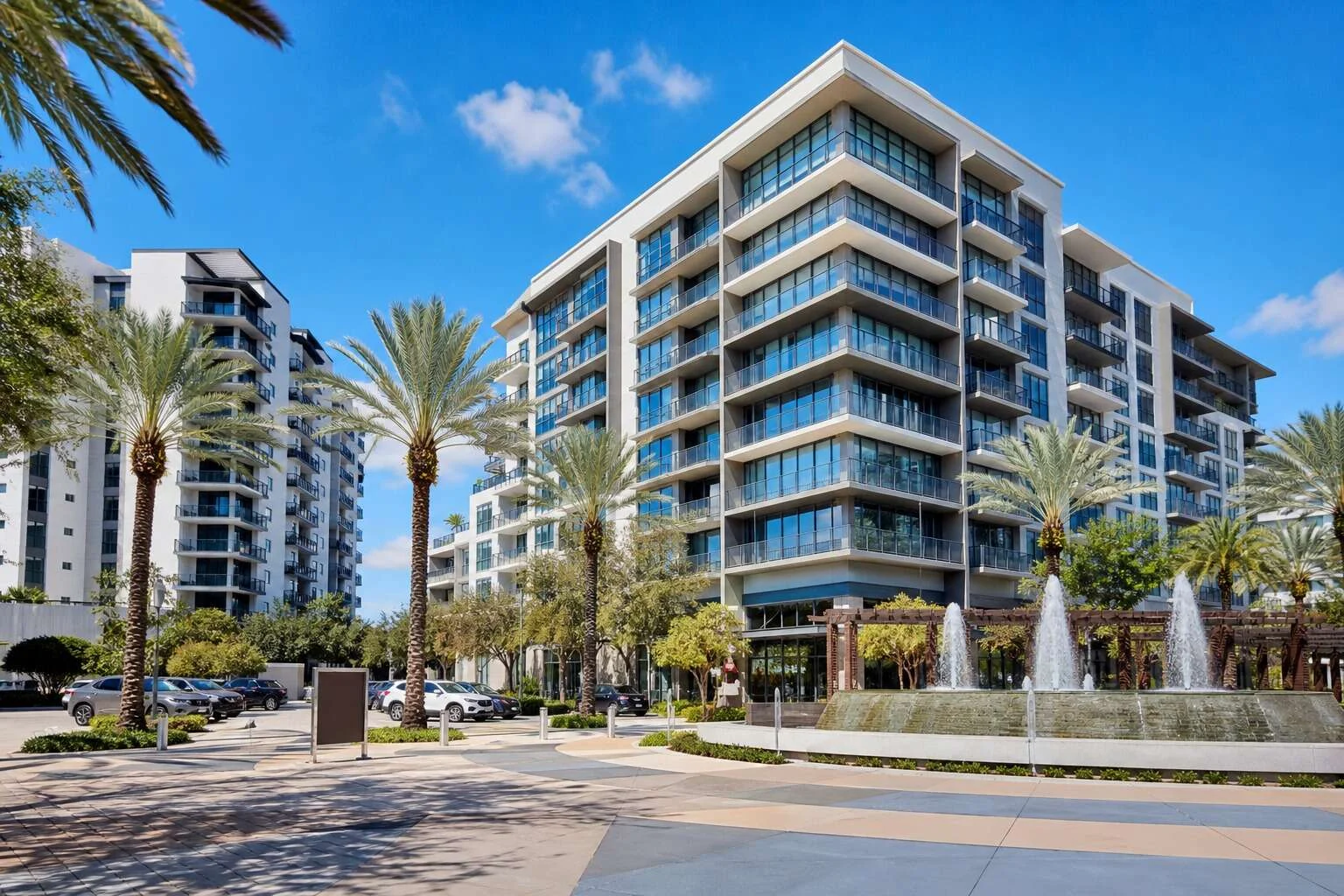 Downtown Doral palms and modern buildings