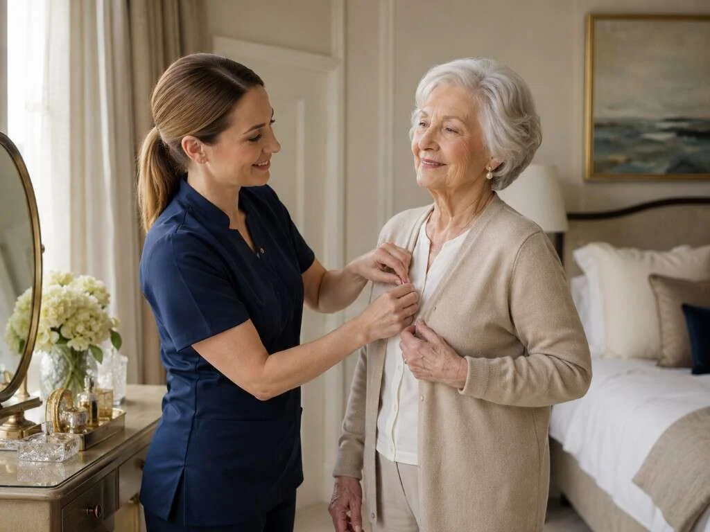 Caregiver in navy scrubs helping a senior button a cream cardigan during dressing and grooming