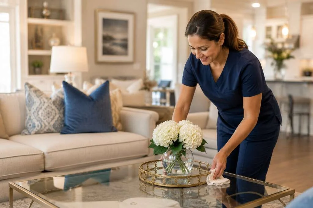 Caregiver in navy scrubs wiping a glass coffee table during light housework at home