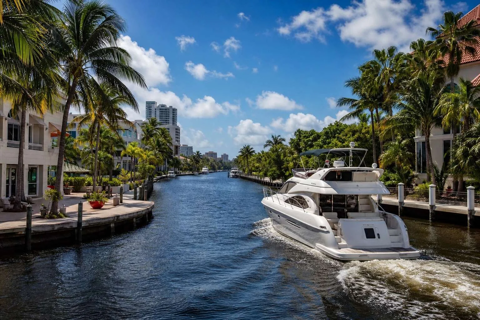 Yacht on a palm-lined Fort Lauderdale canal near Las Olas