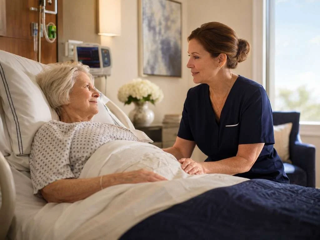 Caregiver in navy scrubs comforting a patient in a hospital bed