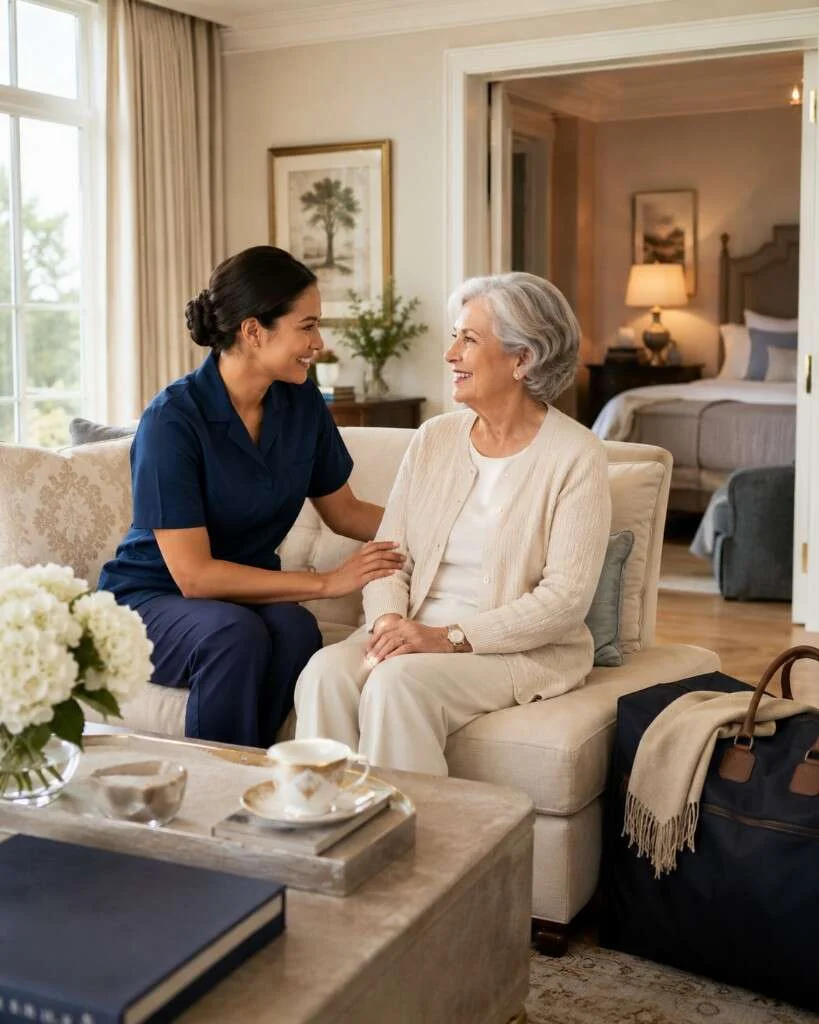 Caregiver in navy scrubs sitting with a senior at home for hourly and live-in care