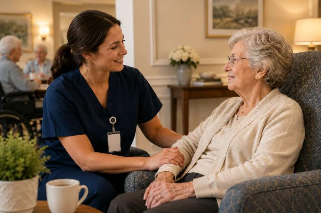 Caregiver in navy scrubs kneeling beside a senior resident in a care facility common room