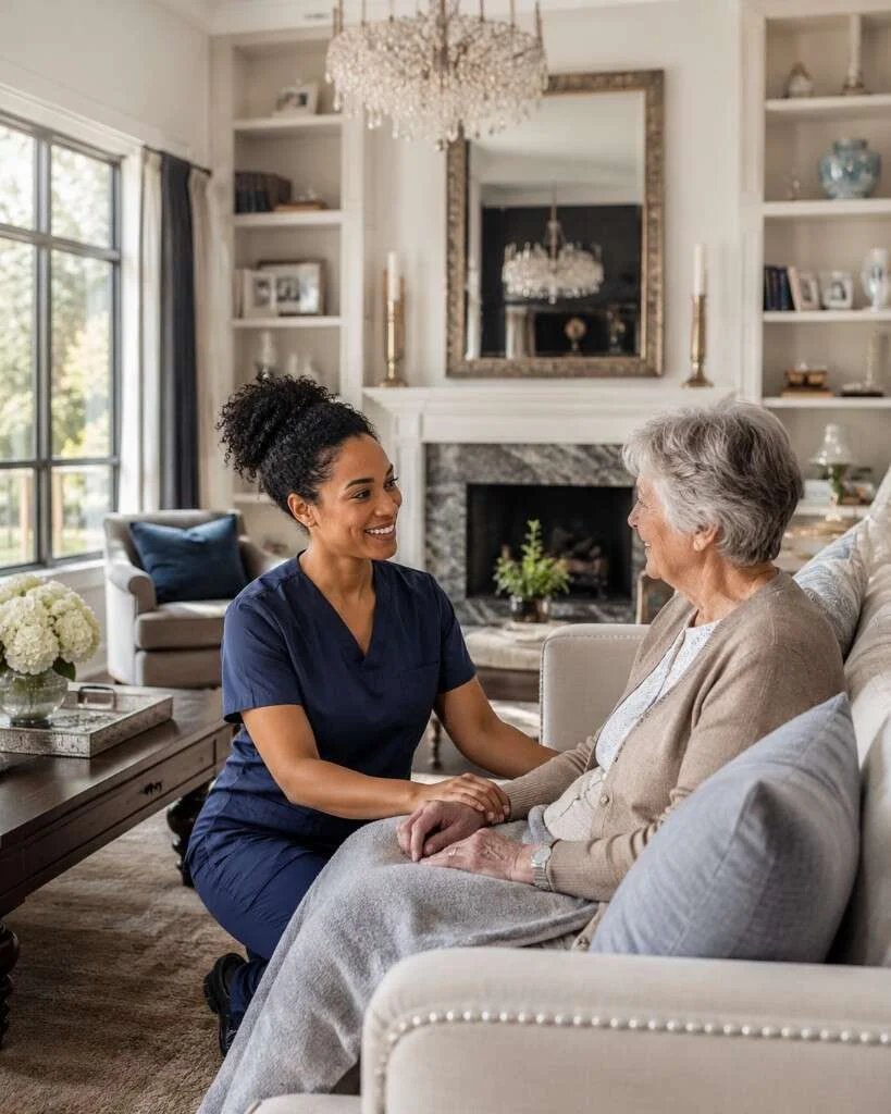 Caregiver in navy scrubs kneeling and holding hands with a senior for in-home care