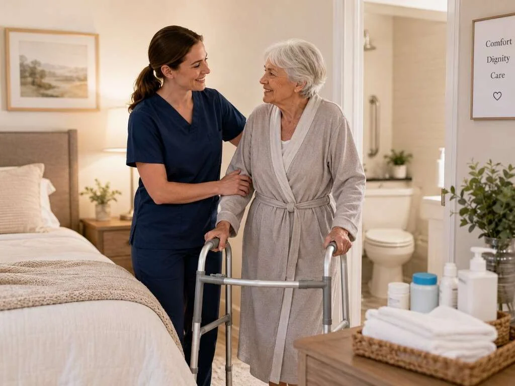 Caregiver supporting a senior near the bathroom during dignified incontinence care assistance