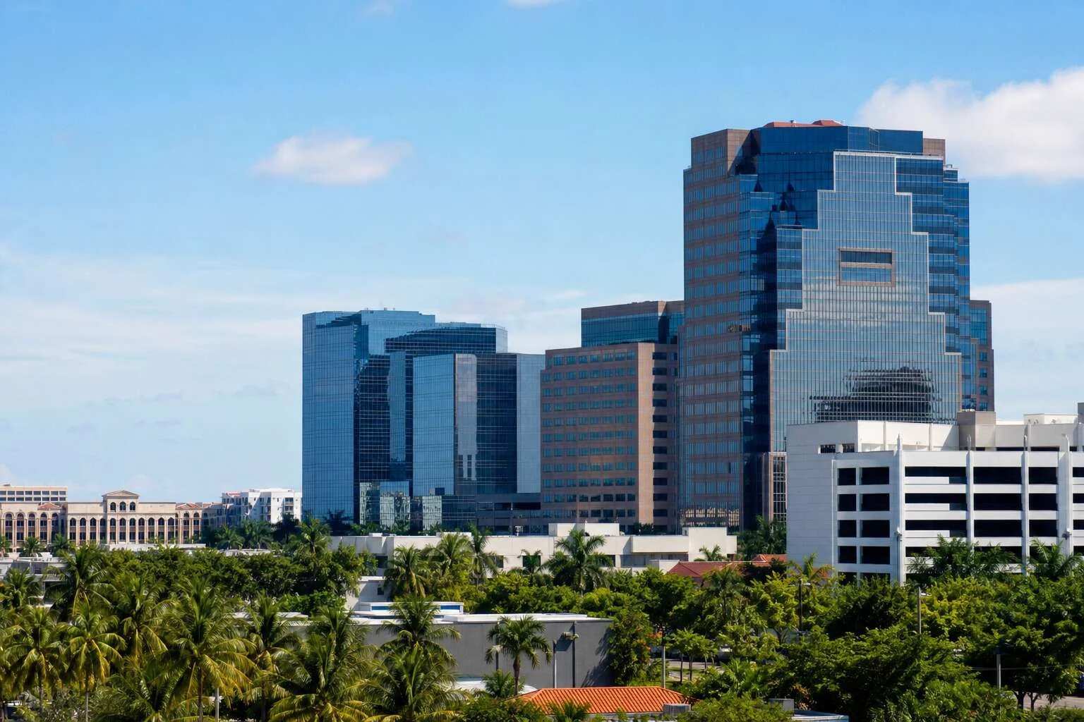 Dadeland skyline and palms in Kendall, Florida