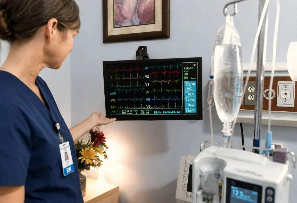 Registered nurse reviewing patient vital signs on a bedside monitor for complex medical needs