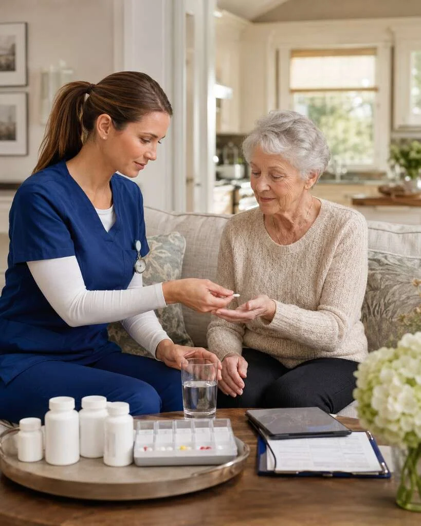 Nurse in navy scrubs administering a pill to a senior at home with medication bottles and organizer on the table