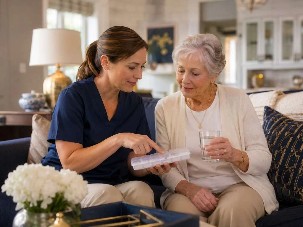 Caregiver in navy scrubs reviewing a weekly pill organizer with a senior holding a glass of water