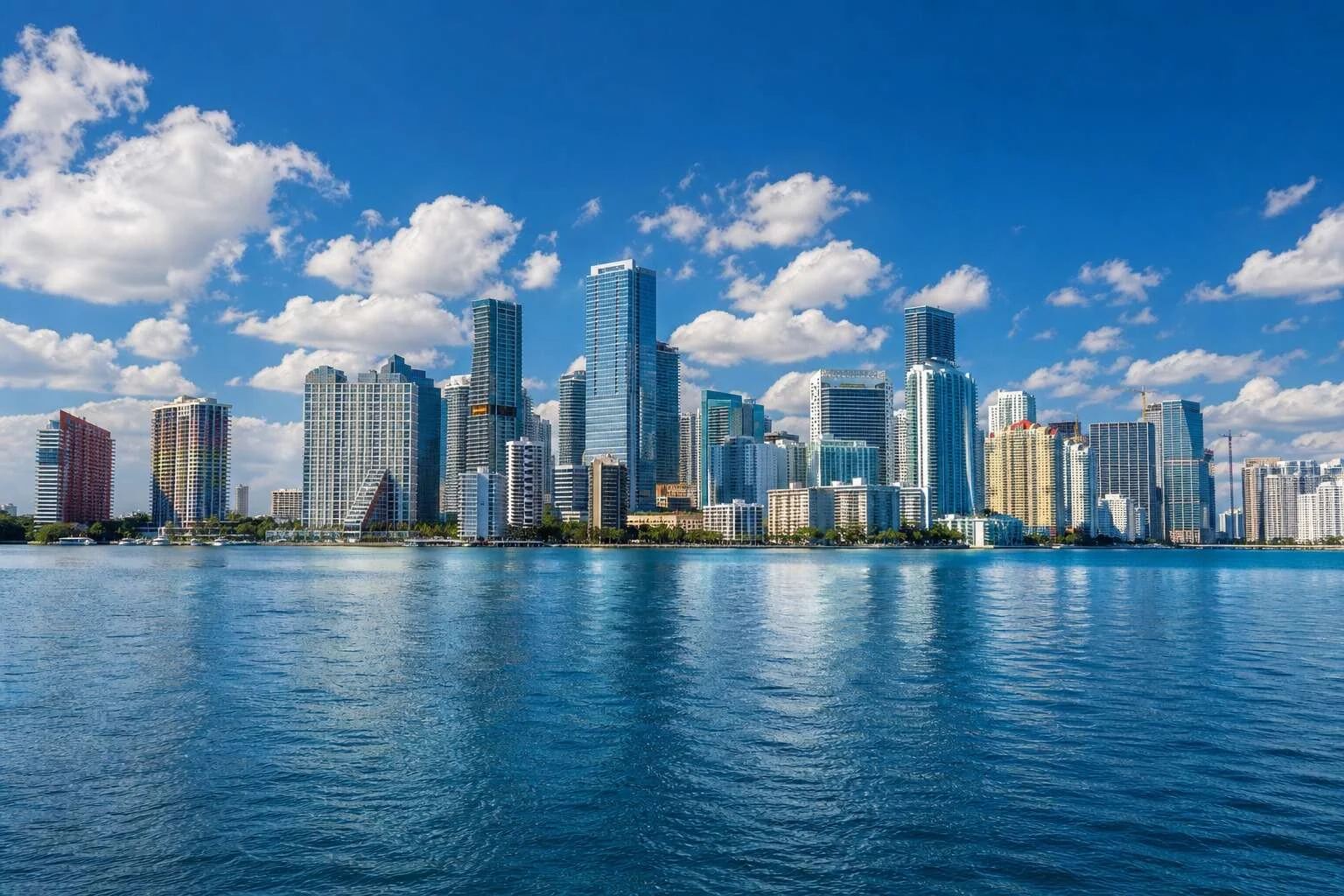 Miami skyline across Biscayne Bay in Miami-Dade County, Florida