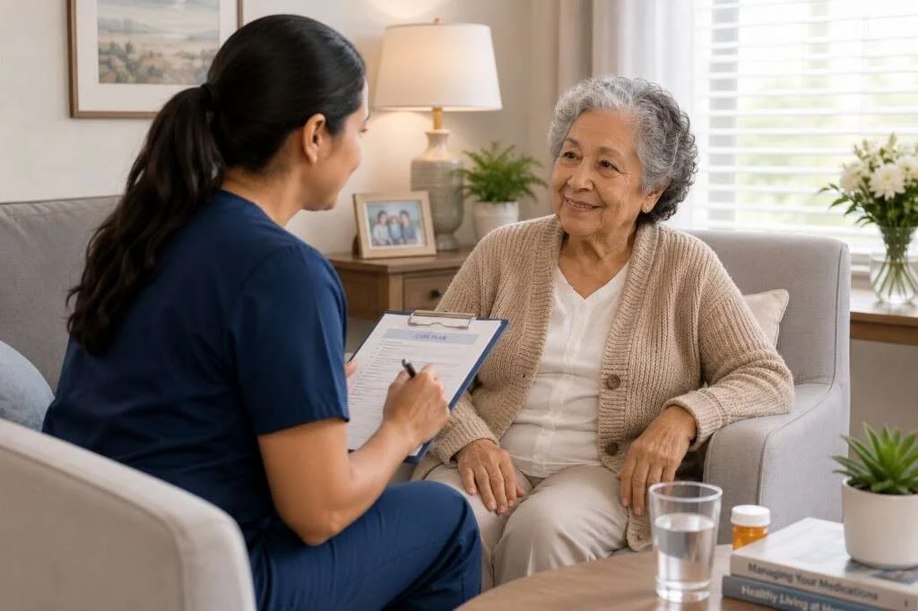 Caregiver in navy scrubs reviewing a care plan with a senior at home