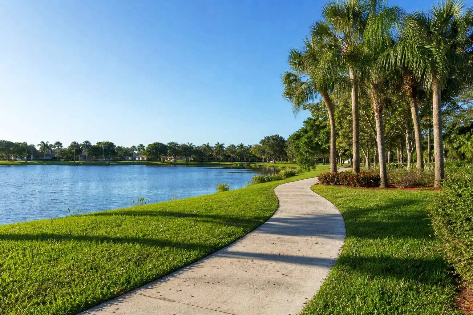 Plantation park lake with palms and walking path