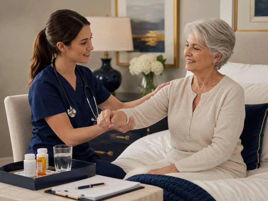 Home care nurse in navy scrubs assisting a senior recovering at home after surgery