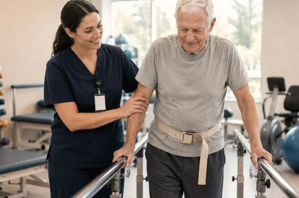 Caregiver supporting a senior walking with a gait belt between parallel bars in a rehab facility