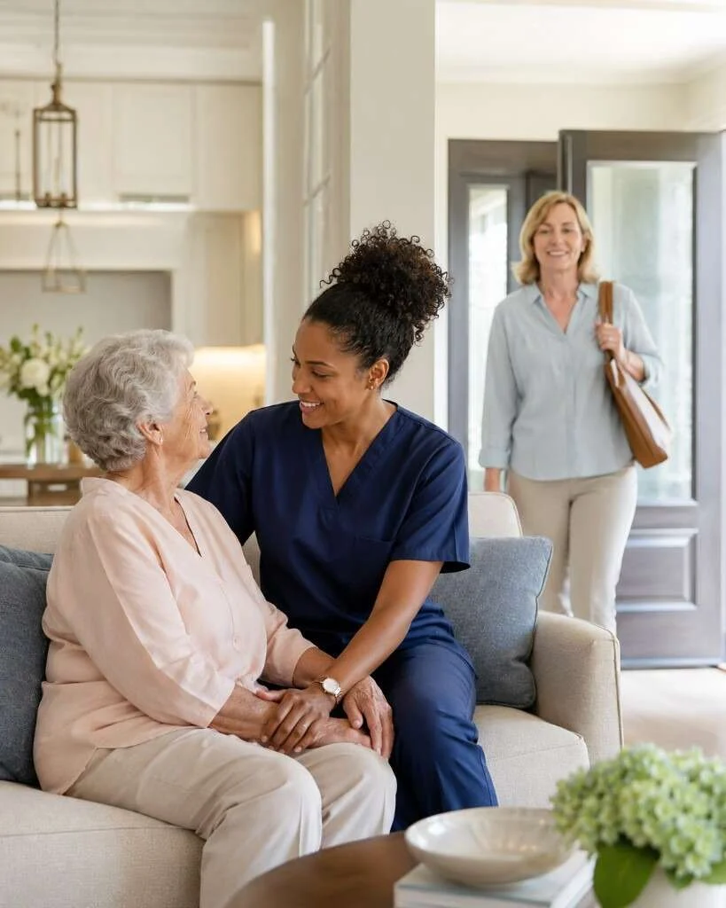 Caregiver sitting with a senior while a family member leaves with peace of mind — respite care