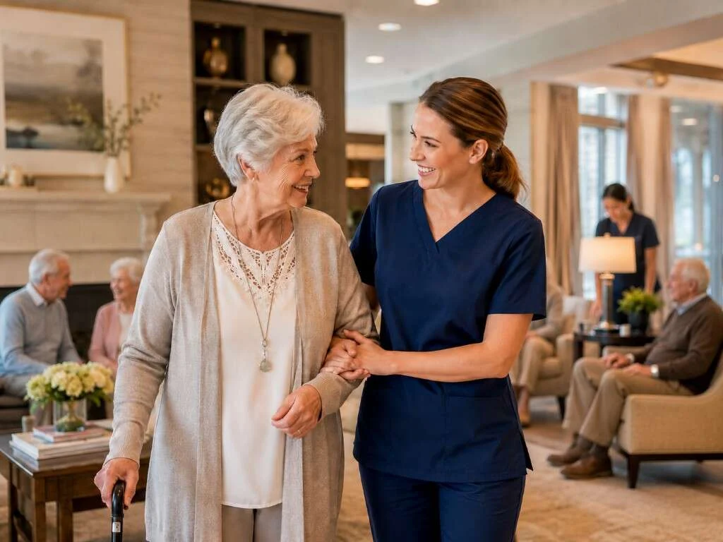 Caregiver in navy scrubs walking arm-in-arm with a senior resident in a senior community lounge