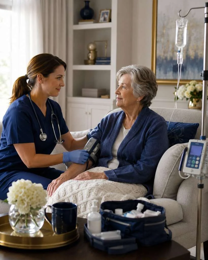 Skilled nurse in navy scrubs checking a senior’s blood pressure at home with IV therapy nearby