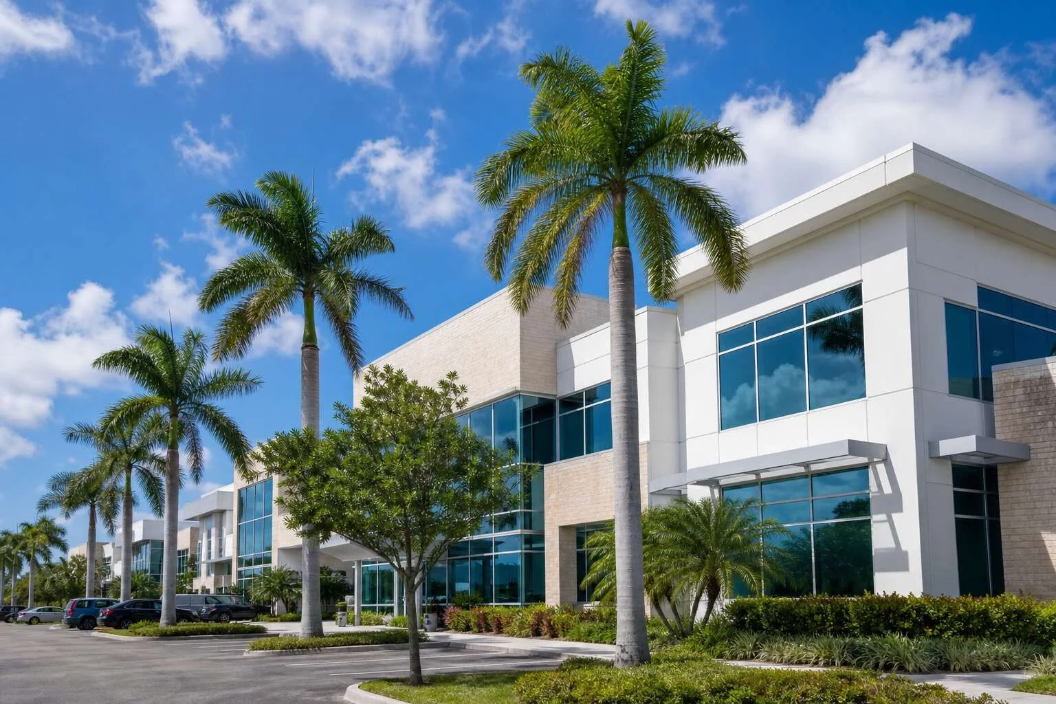 Sawgrass-area modern buildings and palms in Sunrise, Florida