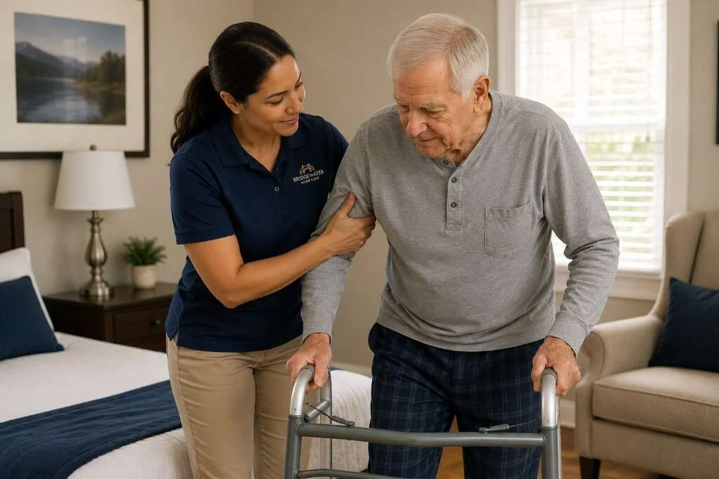 Bridgewater caregiver helping a senior walk safely with a walker for transferring and ambulating