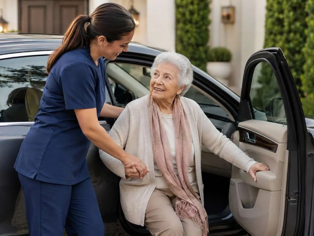 Caregiver in navy scrubs assisting a senior woman into a car for transportation