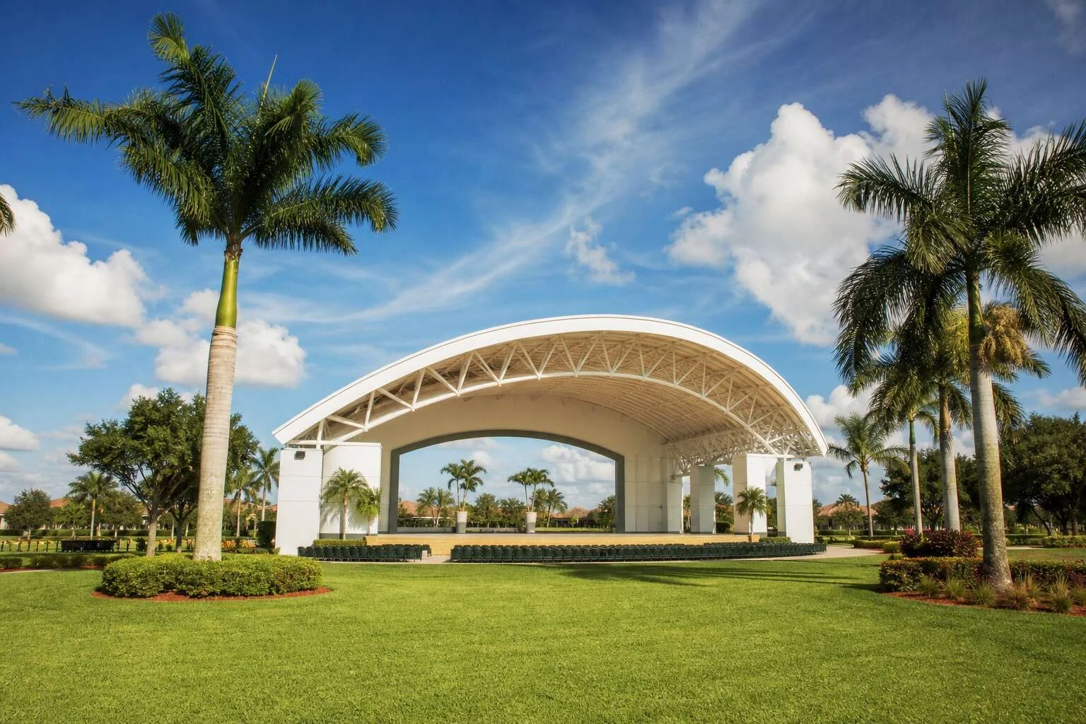 Wellington Amphitheater across the lawn with palms