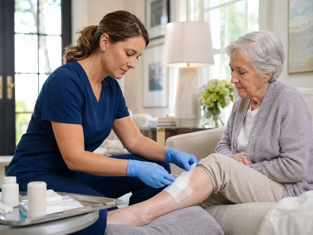 Caregiver in navy scrubs applying a sterile bandage to a senior’s leg for in-home wound care